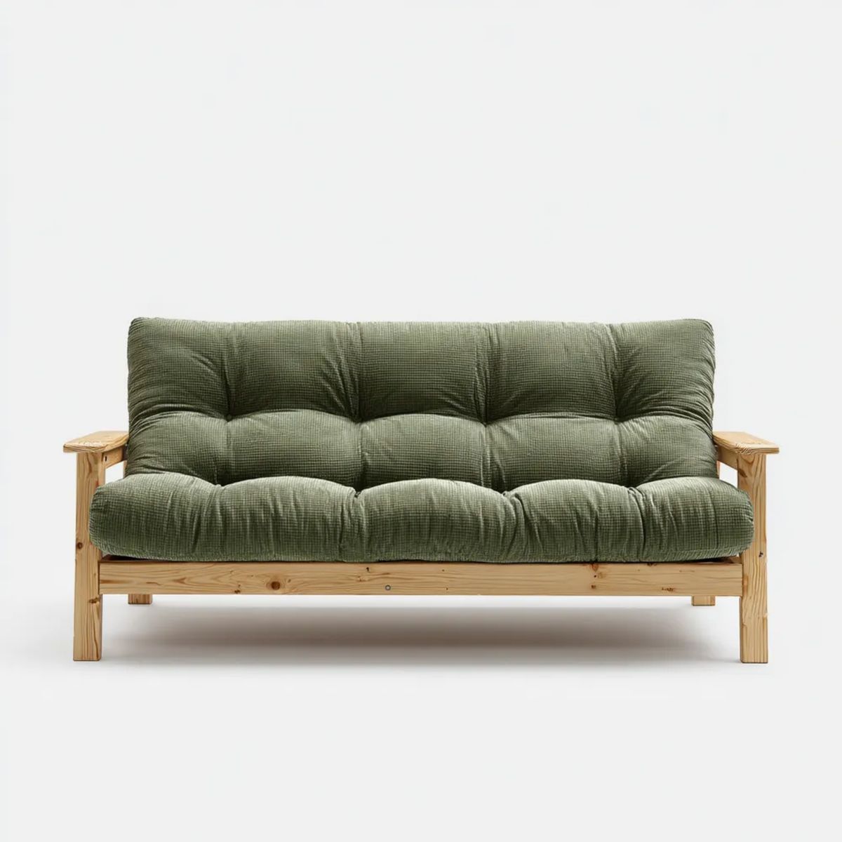 Oliwkowozielona sofa dwuosobowa ze sztruksu na drewnianej ramie, 160 × 82 × 86 cm
