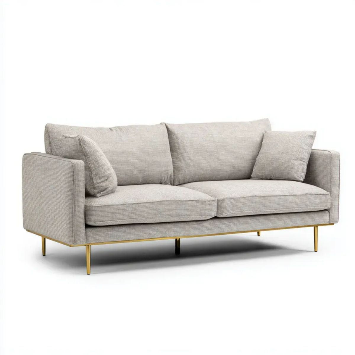 Sofa 3-osobowa z tapicerką tkaninową, jasnoszara ze złotymi nogami, 210 x 90 x 85 cm