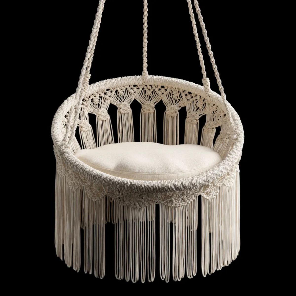 Fotel wiszący boho z bawełnianego makramy z poduszką, beżowy, okrągły Ø 80 cm, wysokość 120 cm
