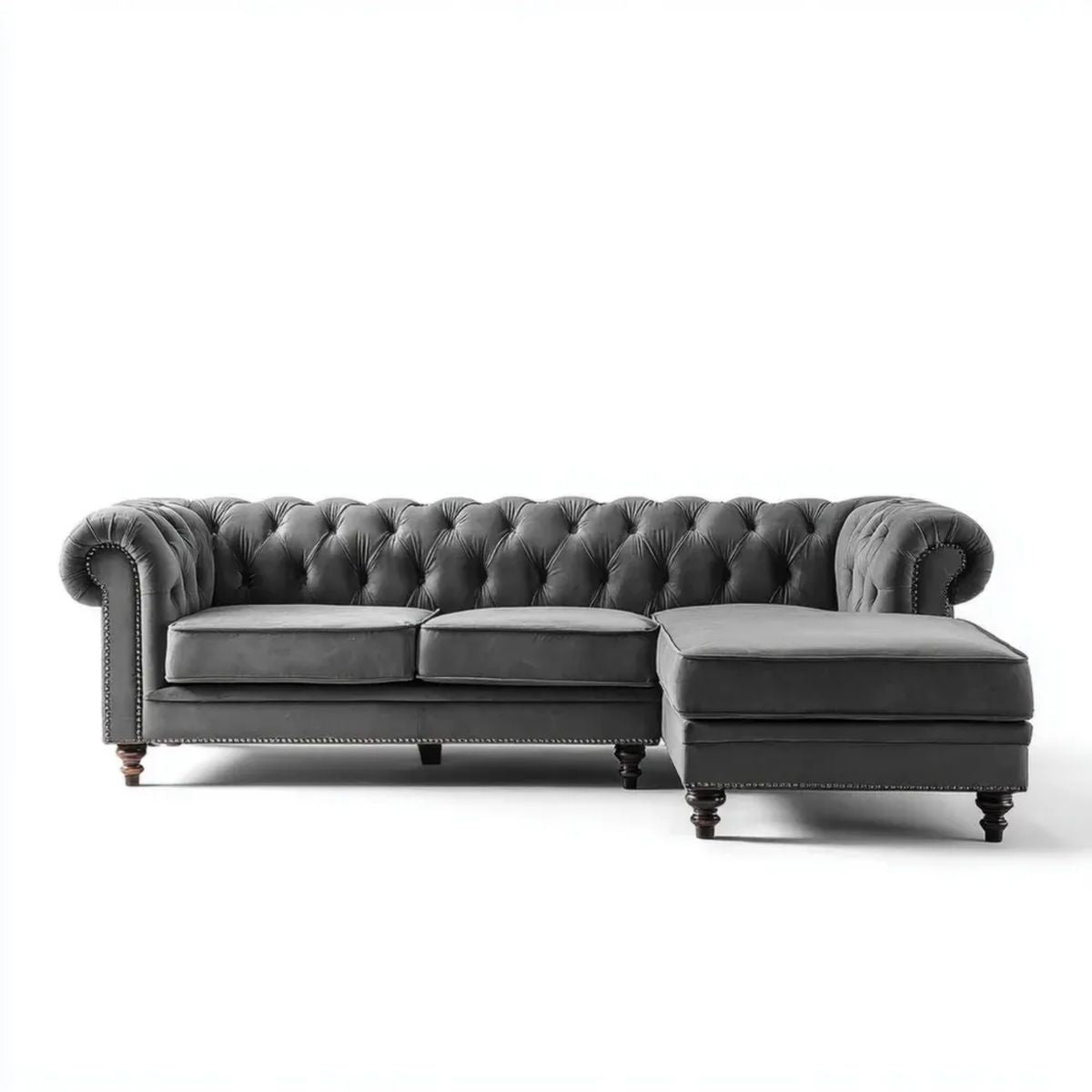 Grafitowa aksamitna sofa narożna Chesterfield z prawostronną szezlongą, 285 × 165 × 78 cm