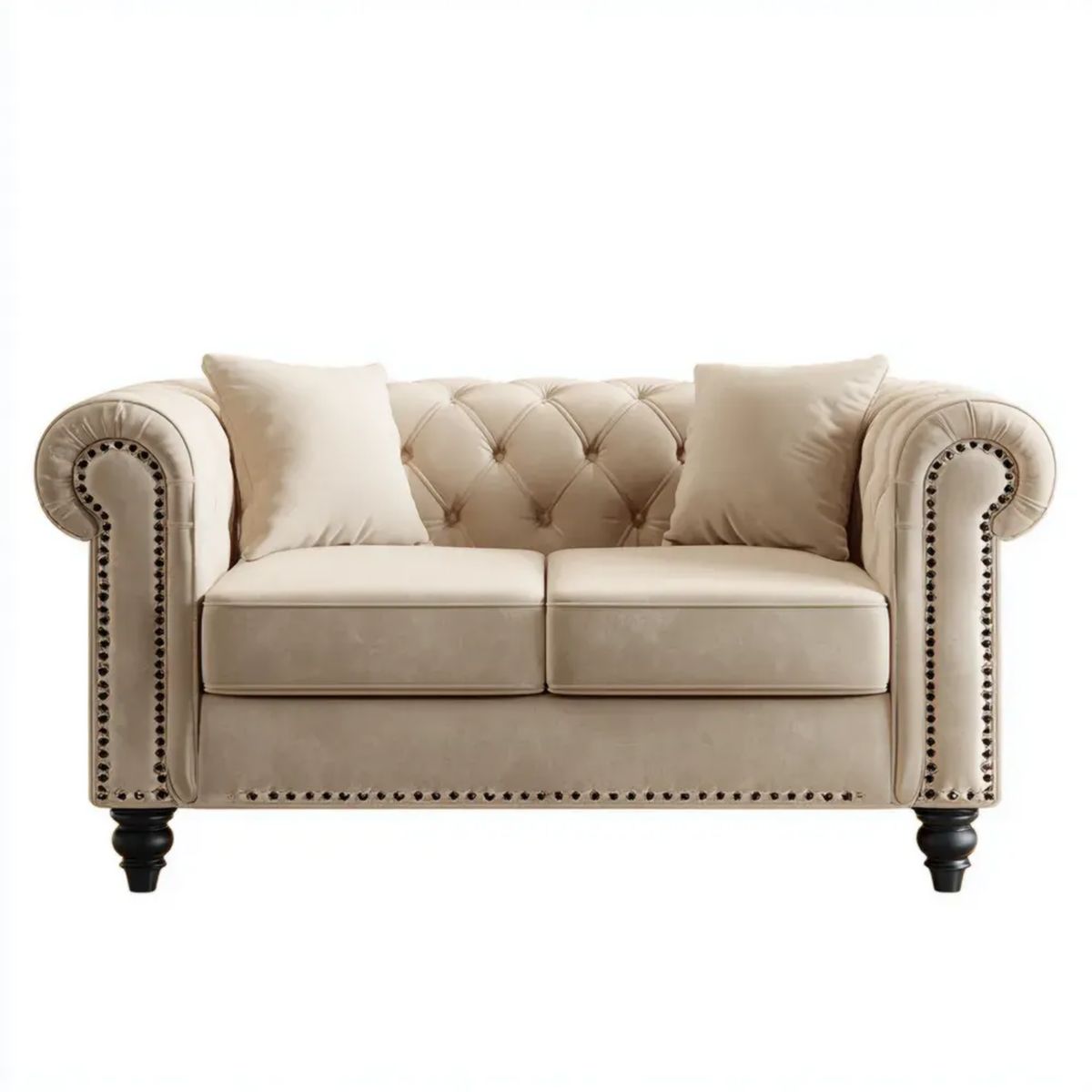 Kremowa sofa dwuosobowa Chesterfield z aksamitu poliestrowego, 170 x 90 x 78 cm