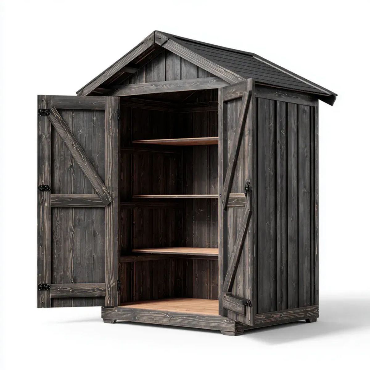 Drewniany schowek ogrodowy ciemnobrązowy 120 × 60 × 180 cm z dwuskrzydłowymi drzwiami i 3 półkami