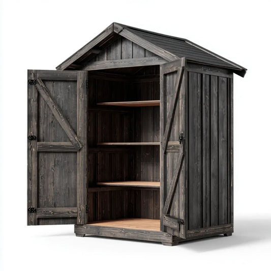 Drewniany schowek ogrodowy ciemnobrązowy 120 × 60 × 180 cm z dwuskrzydłowymi drzwiami i 3 półkami
