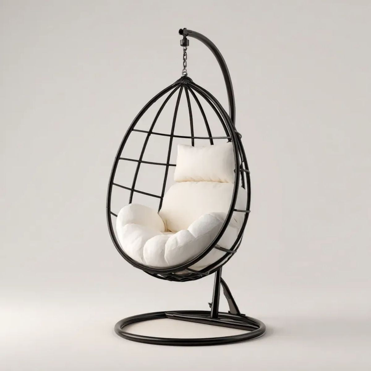 Ogrodowy fotel wiszący na stojaku ze stali, czarny/kremowy, 105 x 105 x 195 cm