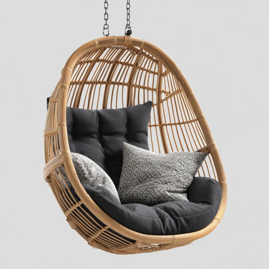 Owalny fotel wiszący z rattanu naturalnego z poduszkami, 85 x 75 x 120 cm, naturalny/czarny/szary