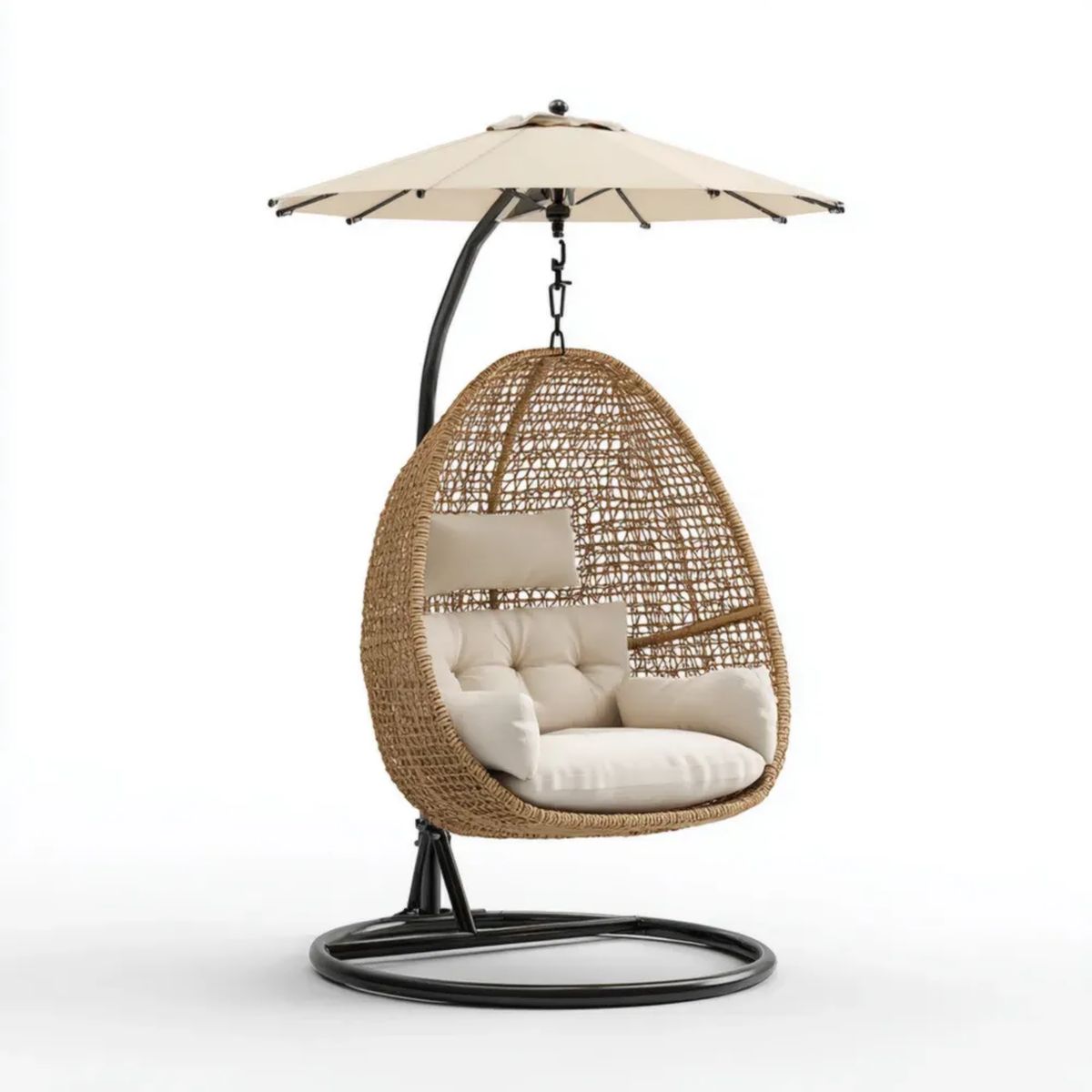Ogrodowy fotel wiszący z parasolem, beżowy, stal i rattan PE, 195 x 120 x 200 cm