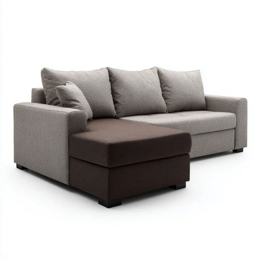 Sofa narożna w kształcie L z lewostronnym szezlongiem, szarobrązowa, tapicerka poliestrowa, 230 x 150 x 85 cm