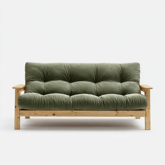 Oliwkowozielona sofa dwuosobowa ze sztruksu na drewnianej ramie, 160 × 82 × 86 cm