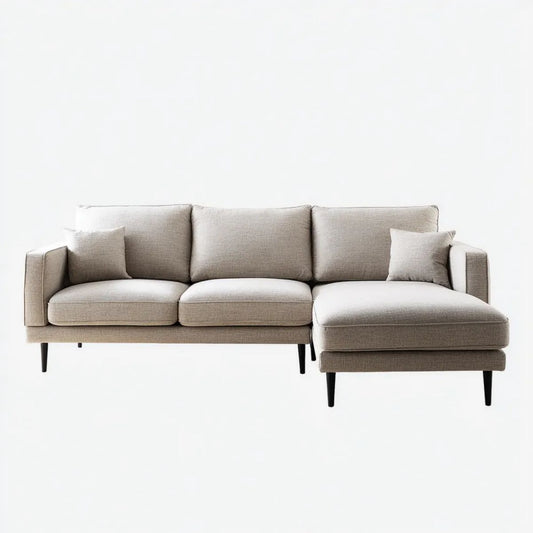 Beżowa sofa narożna w kształcie L z prawostronnym szezlongiem, tapicerka poliestrowa, 260 x 160 x 85 cm
