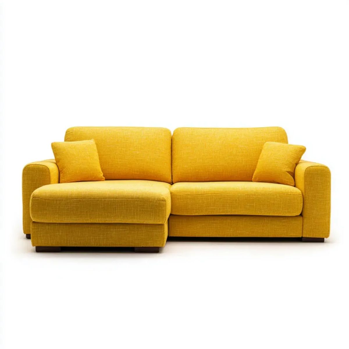 Żółta sofa narożna z lewostronnym szezlongiem w kształcie L, tapicerowana tkaniną, 240 × 150 × 85 cm