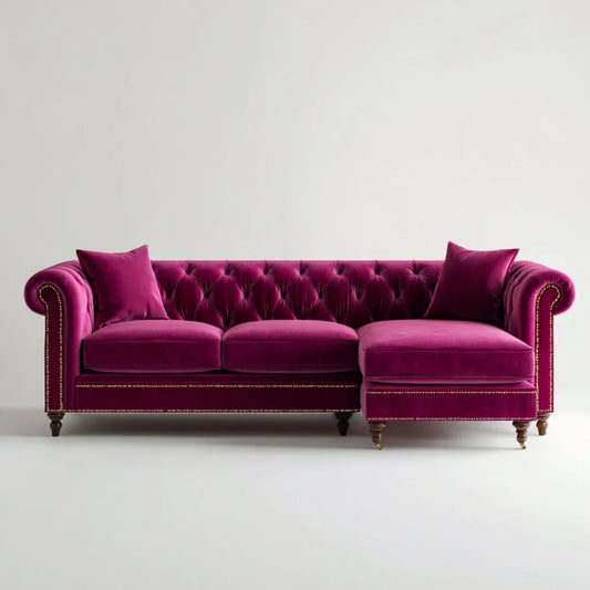Sofa 3-osobowa Chesterfield aksamitowa fuksjowa ze złotymi detalami, 260 x 95 x 85 cm