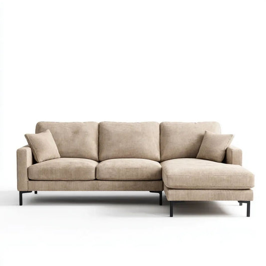 Beżowa sofa narożna z szezlongiem po prawej stronie, sztruksowa, 260 × 160 × 82 cm