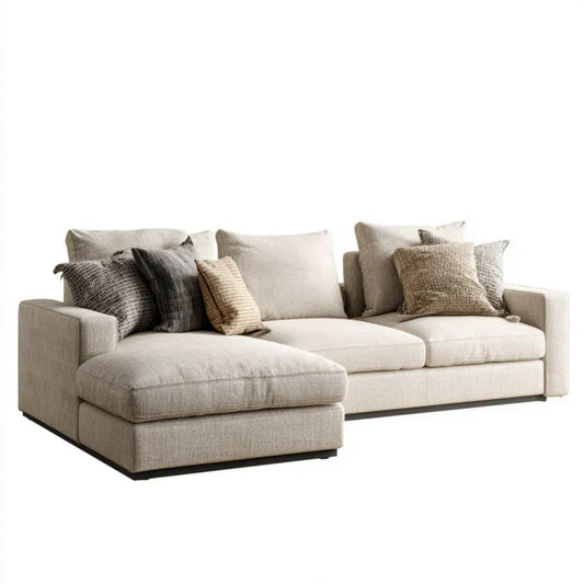 Beżowa sofa narożna w kształcie L z lewostronnym szezlongiem, tapicerowana poliestrem, 280 × 170 × 85 cm
