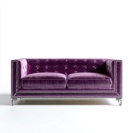 Trzyosobowa sofa Chesterfield z aksamitu, fioletowa, 200 x 90 x 76 cm