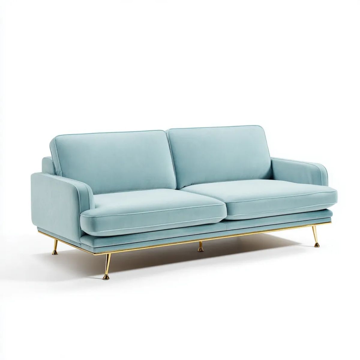 Trzyosobowa sofa z weluru jasnoniebieska ze złotymi metalowymi nogami, 220 × 90 × 85 cm