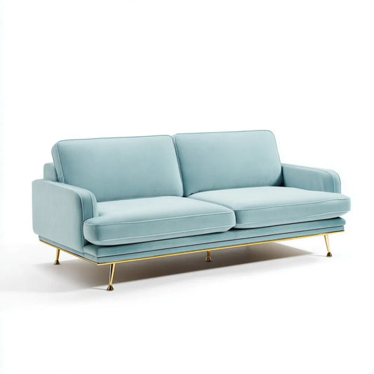Trzyosobowa sofa z weluru jasnoniebieska ze złotymi metalowymi nogami, 220 × 90 × 85 cm