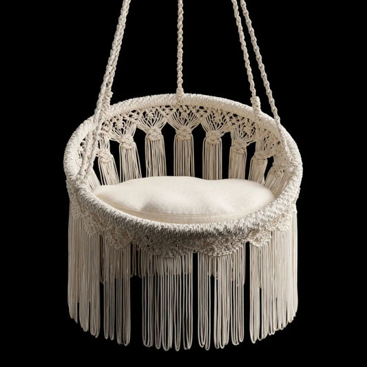 Fotel wiszący boho z bawełnianego makramy z poduszką, beżowy, okrągły Ø 80 cm, wysokość 120 cm