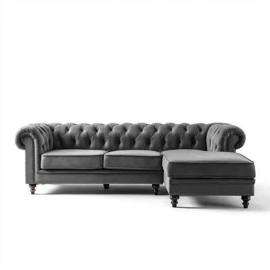 Grafitowa aksamitna sofa narożna Chesterfield z prawostronną szezlongą, 285 × 165 × 78 cm