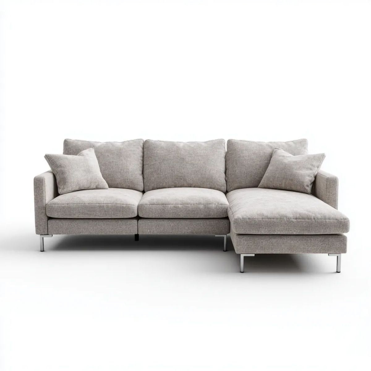 Jasnoszara sofa narożna z prawostronnym szezlongiem, tapicerka poliestrowa, 280 × 160 × 85 cm