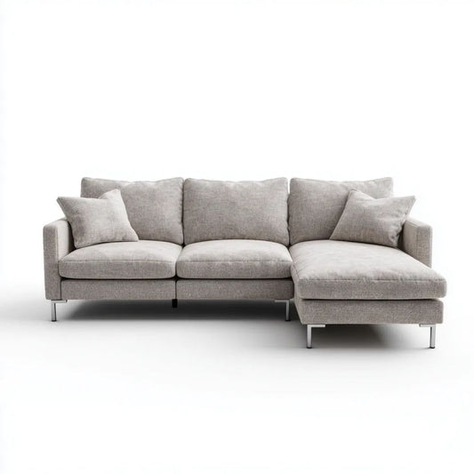 Jasnoszara sofa narożna z prawostronnym szezlongiem, tapicerka poliestrowa, 280 × 160 × 85 cm
