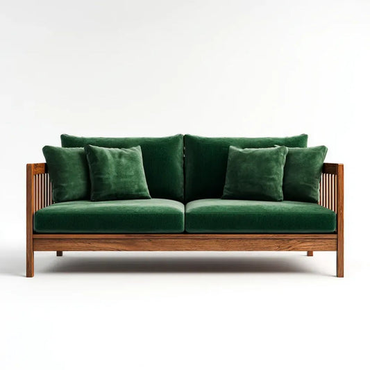 Dwuosobowa sofa zielona z litego drewna i weluru, 160 × 78 × 78 cm