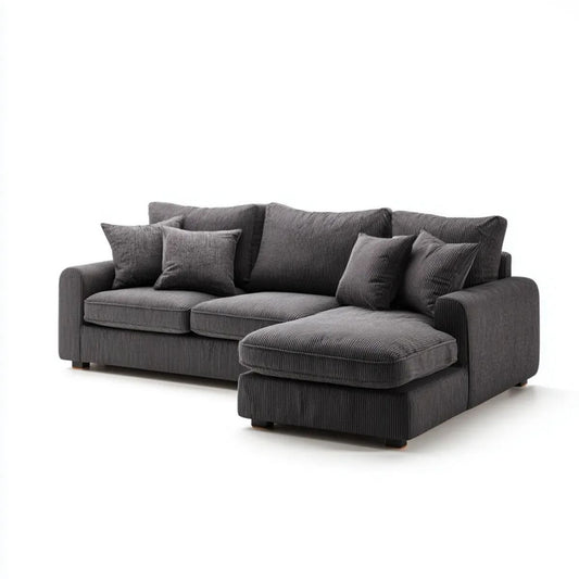 Prawostronna sofa narożna z szezlongiem grafitowa, tapicerka z poliestru, 250 x 160 x 85 cm