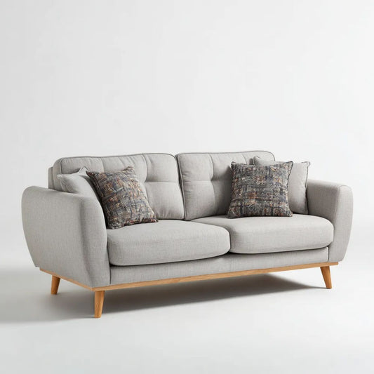 Szara sofa dwuosobowa z tapicerką poliestrową i drewnianymi nogami, 180 × 90 × 86 cm