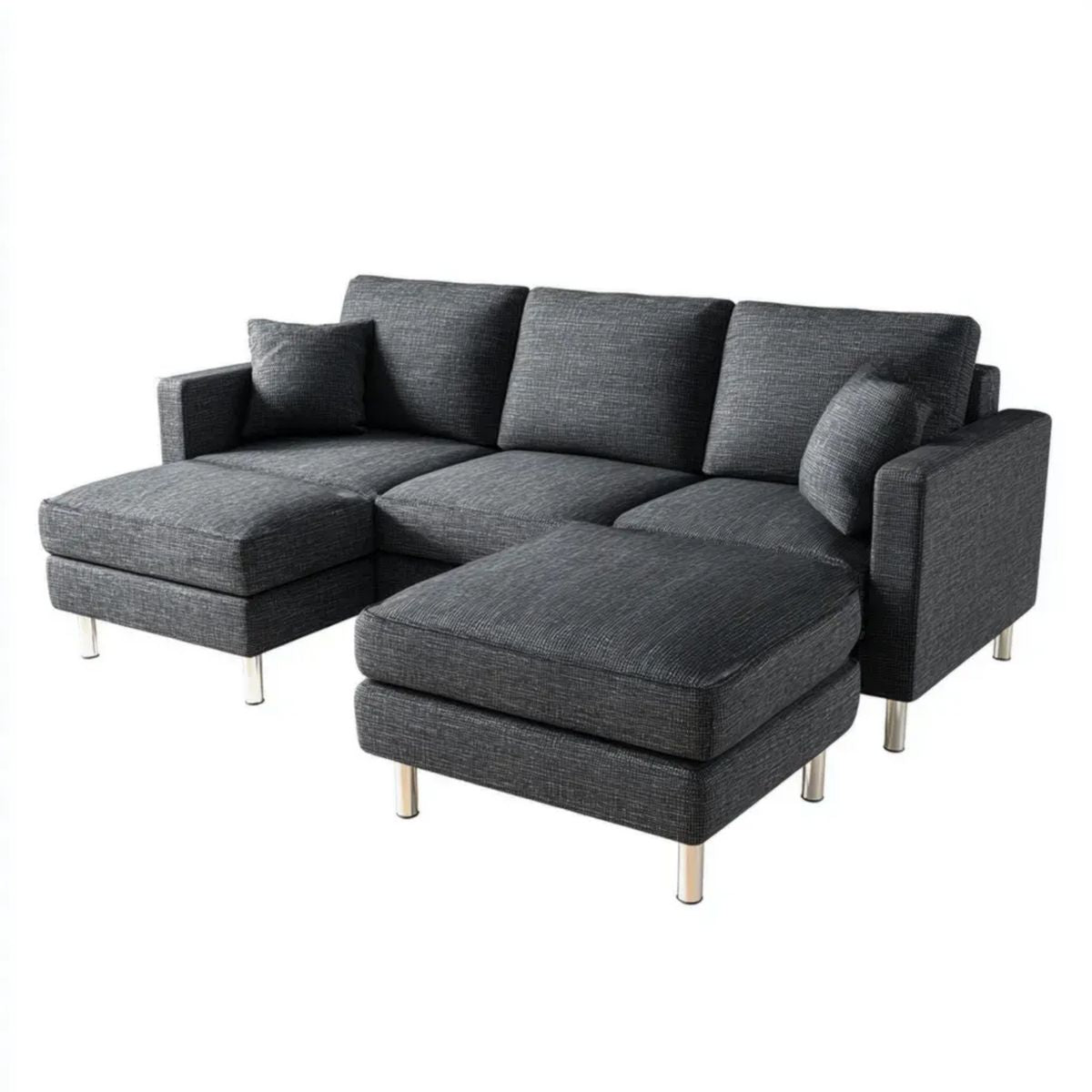 Modułowa sofa narożna z pufą i lewostronnym szezlongiem, ciemnoszara, tkaninowa, 270 × 160 × 85 cm, kształt L