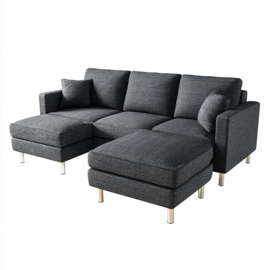 Modułowa sofa narożna z pufą i lewostronnym szezlongiem, ciemnoszara, tkaninowa, 270 × 160 × 85 cm, kształt L