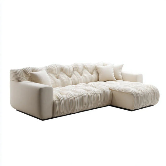 Kremowa sofa narożna z prawostronnym szezlongiem, tapicerowana poliestrem, 280 x 170 x 78 cm